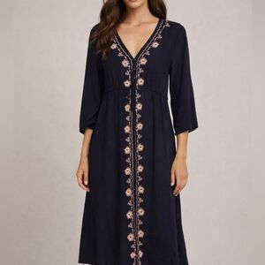 Navy Maxi Dress with Blush Embroidered Trim